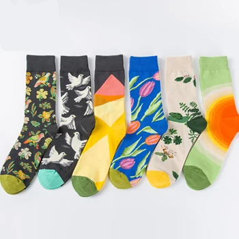 

6 Pairs Men and Women Fashion Color Couples Socks Character Flower-and-bird Painting Series Socks