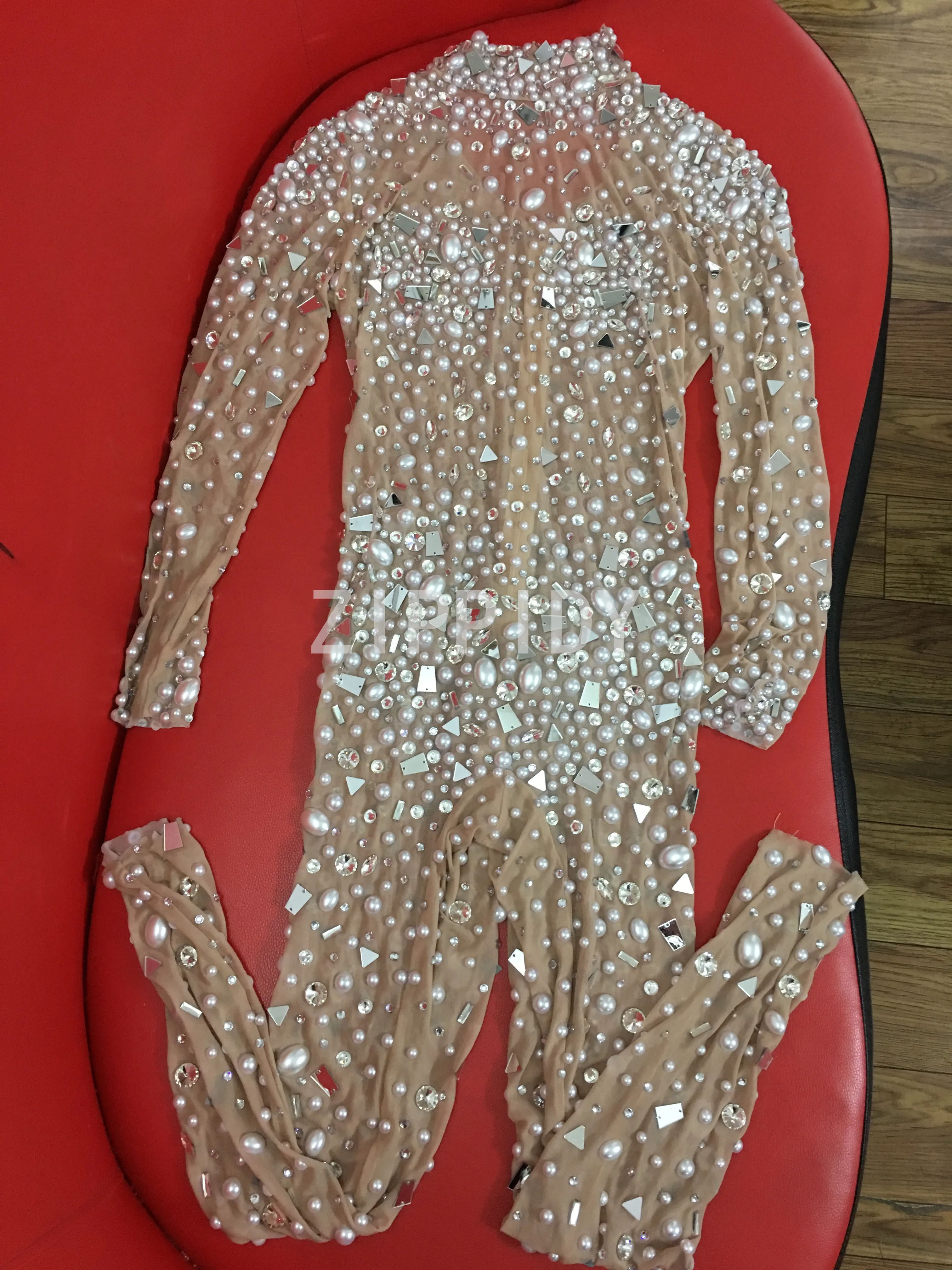 Sparkly Silver Mirror Rhinestone Pearl Transparent Jumpsuit Birthday Celebrate Net Yarn Outfit Women Dancer Wear YOUDU