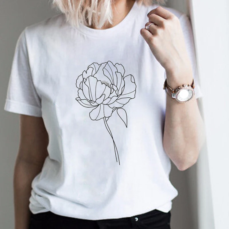Woman Clothes Tops Summer Simple Tshirts Casual O-neck Art Abstract T-shirt Women Korean Harajuku Skuggans Creative Line Tees | Женская
