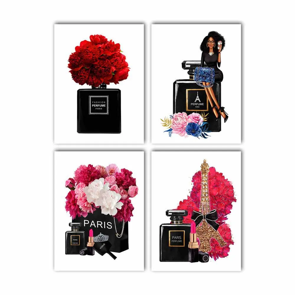 Модный парфюм Парижская башня цветок помада настенный Арт холст живопись скандинавские плакаты и печать, Картина Настенная для гостиной Декор - Цвет: 4 Pcs Set