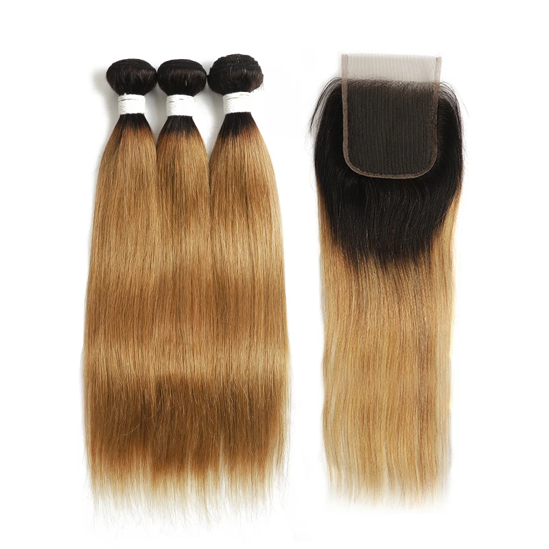1B 27 Ombre Honey Blonde Brazilian Straight Bundles With Closure SOKU Human Hair Bundles 3 Bundles With Closure Non-Remy
