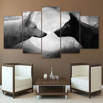 

Canvas Wall Art Pictures 5 Panel Black Wolf White Wolf Moon Living Room Print Posters Frame Living Room Home Decor