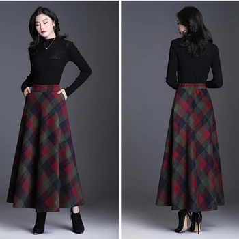 

Autumn Winter Women Plaid Skirt 2019 Woolen Long Section Large Swing Half Length British Style Literary Woolen Skirts Female