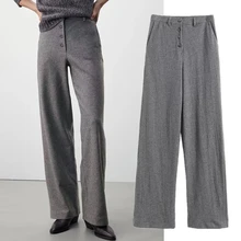 

Maxdutti High Waist Single Breasted Straight Casual England Style Fashion Pants Women Solid Simple Knitted Pants Trousers Women