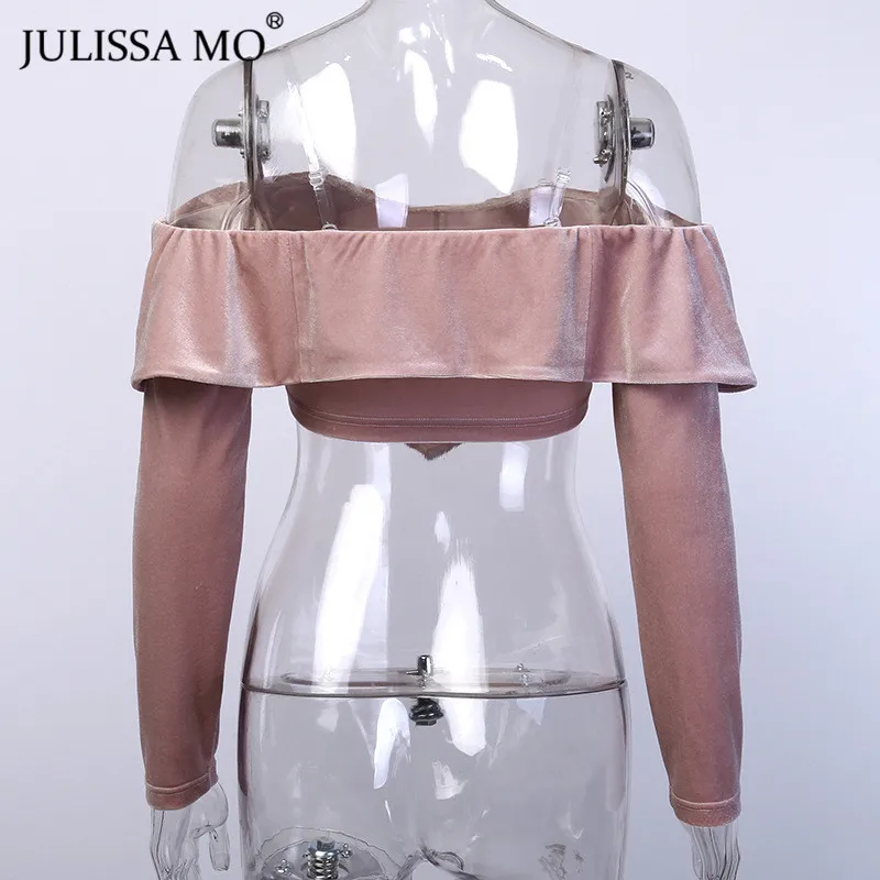 Julissa mo, Розовый бархатный драпированный женский сексуальный укороченный топ, элегантный топ с открытыми плечами и пышными рукавами,, женские вечерние милые топы-бюстье