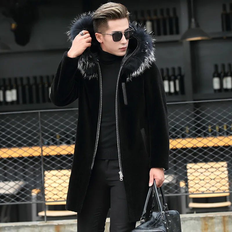 

Sheep Shearing Wool Jacket Real Fur Coat Men Raccoon Fur Collar Autumn Winter Jackets Mens Coats Hooded 2020 P-M8511Z