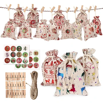 

24pcs 1-24 Numbers Bag Christmas DIY Advent Calendar Ornament Christmas Gift Bags Calendar Countdown Bag Candy Storage Pouches