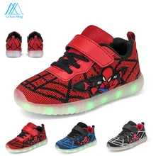 Cool LED Flashing Shoes Spiderman Children Shoes Casual Soft And Flexible Light Shoes Flying Woven Running Sneakers 25-37 Yards