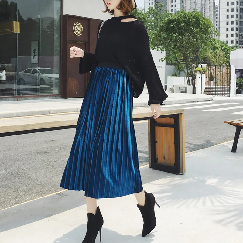 Осенне-зимняя женская юбка с высокой талией, однотонная плиссированная прямая юбка, повседневная юбка до середины икры для девушек