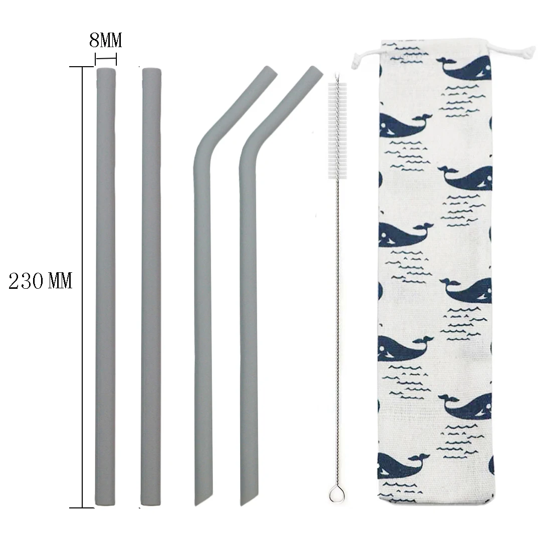 grey Silicone Drinking Straw Set Reusable Long Flexible Straw Smoothie Juice Straw Colorful Straw With Cleaning Brush Bar Party Straw - Цвет: grey