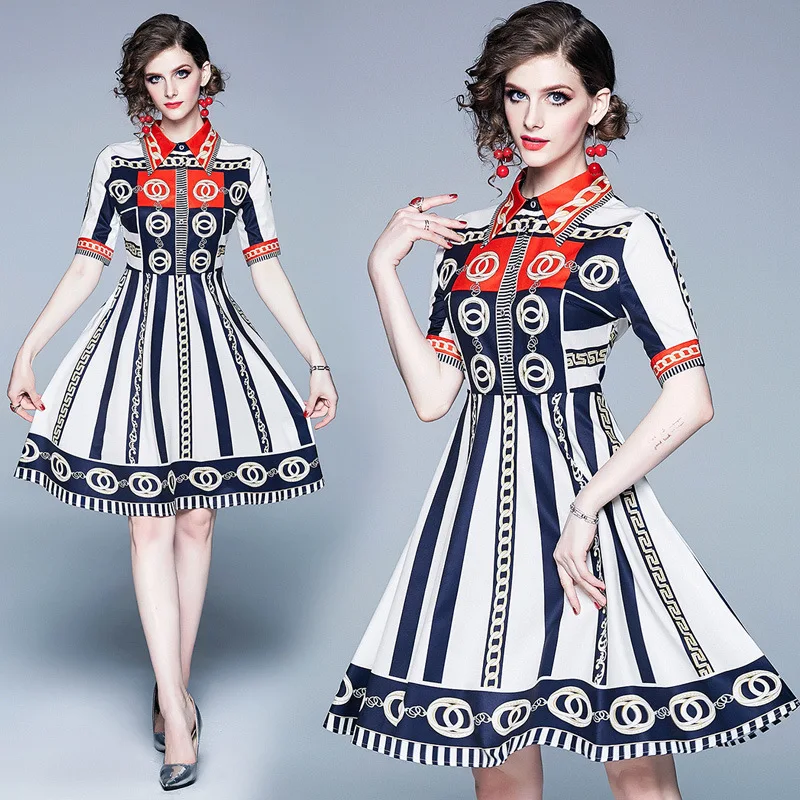 

3397 #2019 Summer New Style Europe And America Printed Short Sleeve Lace-up Waist Hugging Big Hemline Ethnic-Style Dress