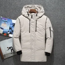 Стильный мужской пуховик средней длины с капюшоном, брендовый плотный теплый русский Мужской зимний пуховик, ветронепроницаемый пуховик на белом утином пуху для мужчин