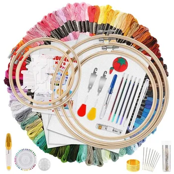 

205Pcs Embroidery Starter Kit, 100 Colors of Thread, 40 Sewing Needles for Beginners Cross Stitch Tools with Instruction