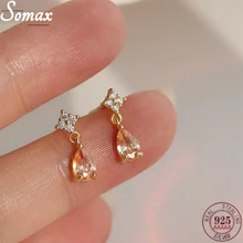 925 Sterling Silver French Pavé Crystal Plating 14K Gold Orange Drop Stud Earrings Women Exquisite Party Jewelry Accessories