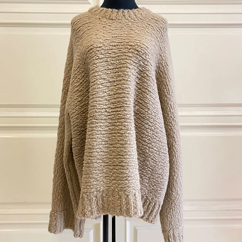 

Autumn And Winter Lazy Wind Handmade Thick Needle Goat Wool Oversize Sweater Women Retro Outer Wear Pullover Round Neck
