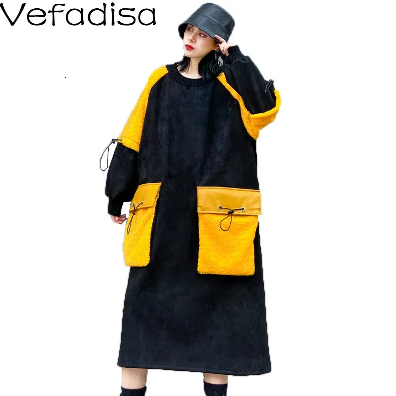 Vefadisa, овчина, Лоскутная Толстовка, платье для женщин, зима, Толстый Пуловер, платье с карманами, хит, цвет, толстовка, платье, черный, QYF1376