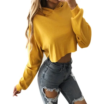 

Fashion Women Hooded Short Sweatshirt Solid Long Sleeve Blouse Tops Autumn TY66