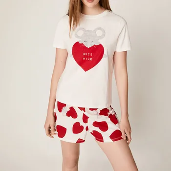 

Spring and Summer Short-sleeved Pajamas Set Women's Home Clothes with Big Heart Printing Women's Pajamas Cotton Clothes