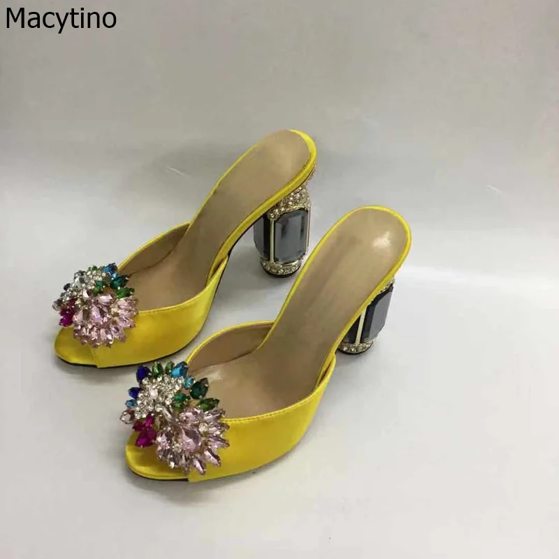

Rhinestone Slippers Women New Crystal Flower Chunky High Heels Summer Shinny Beaded Slides Party Shoes Woman Outside Slipper