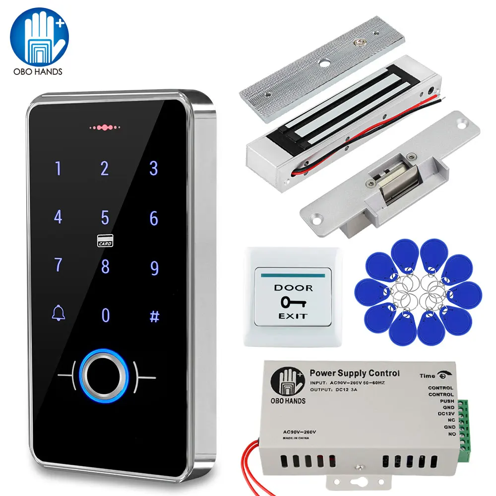 Sistema de Control de Acceso de puerta a prueba de agua IP68, teclado biométrico RFID + fuente de alimentación + 180KG, cerraduras eléctricas de ataque magnético para el hogar