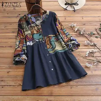

Women Cotton Linen Blouse Spring Vintage Floral Printed Top ZANZEA Casual Long Sleeve Buttons Down Blusas Loose Robe Shirt Mujer
