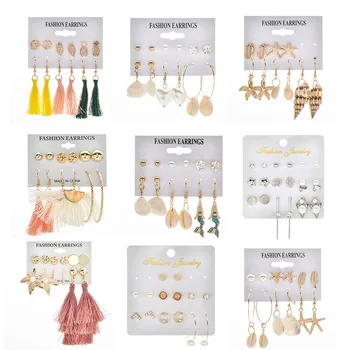 

Bohemia Women Tassel Earrings Set Geometric Star Round Shell Flower Pearl Rhinestone Statement Long Earring Brinco Party Jewelry