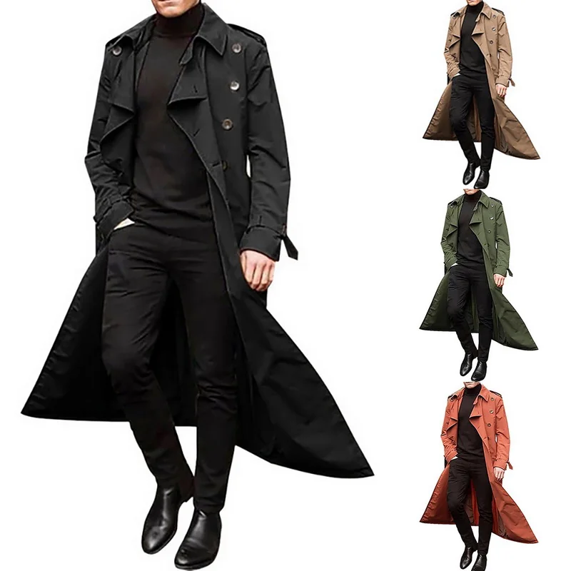 Cortavientos largo de Color sólido para hombre, chaqueta informal de moda con solapa y doble botonadura, abrigo tipo gabardina, primavera y otoño, 2020