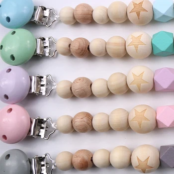 

1Pcs Infant Supplies Auxiliary Food Pacifier Holder Chain Silicone Wooden Kids Gift Anti-lost Muticolors Baby Teether Chain