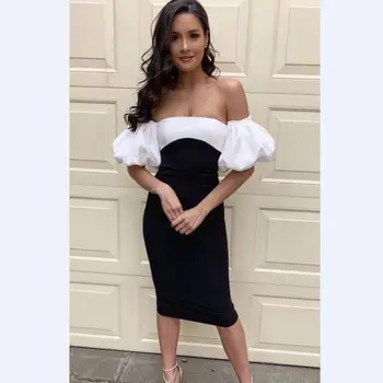 

Summer Style Sexy Women Puff Short Sleeve Slash Neck Patchwork Bandage Dress 2019 Rayon Elegant Female Bodycon Club Dress