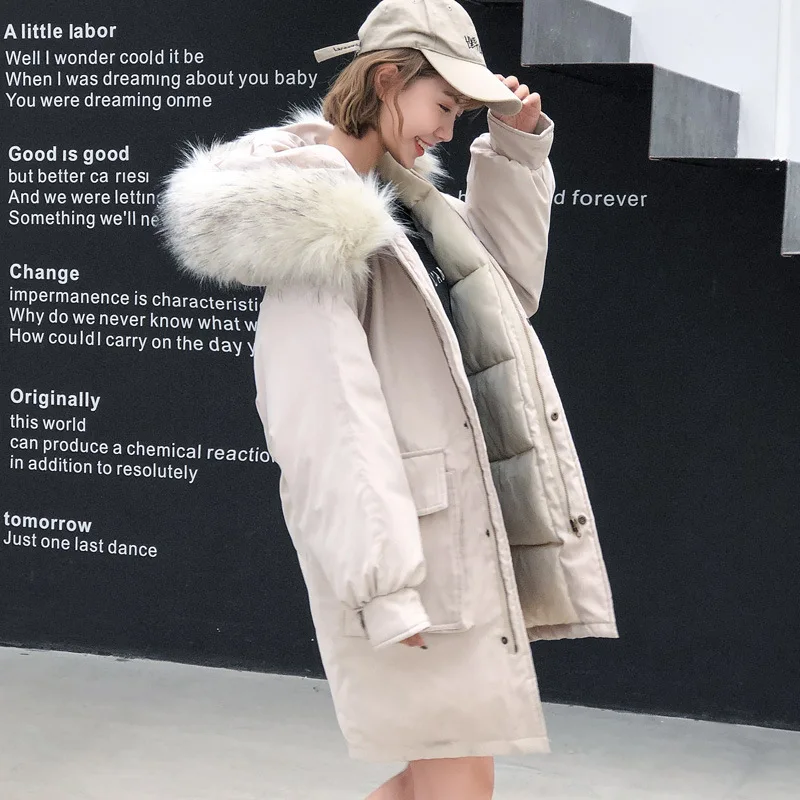 

2019 Winter New Style Korean-style down Jacket Cotton-padded Clothes Mid-length Peach Skin Fabric Loose Cotton Coat Women's