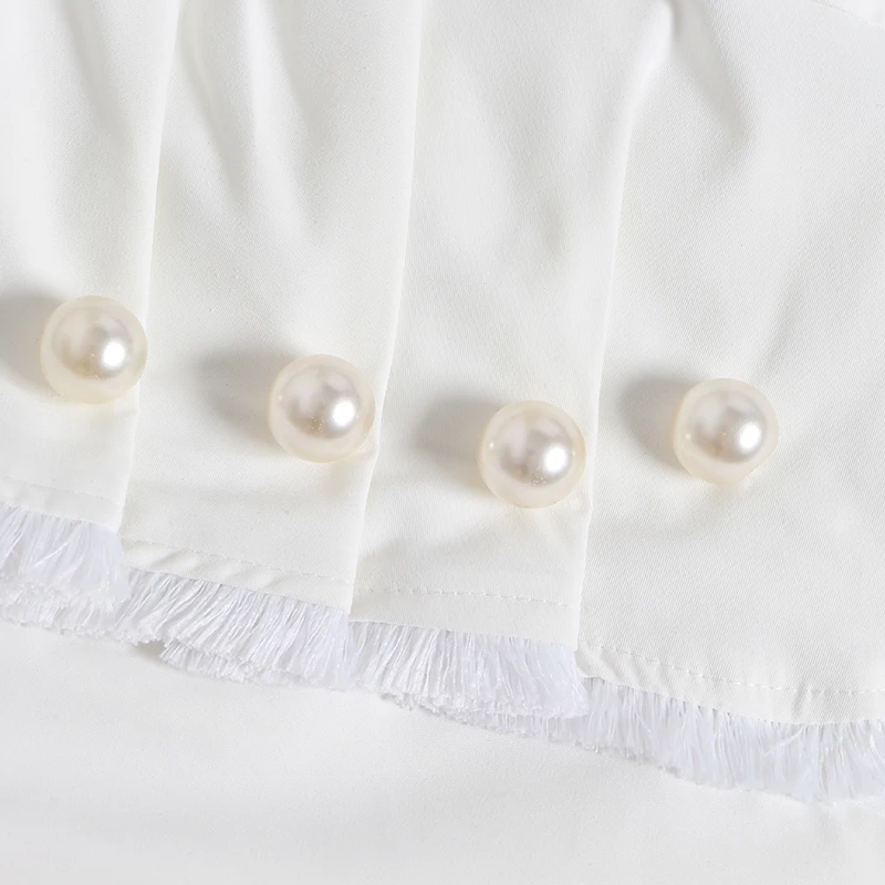 TWOTWINSTYLE с открытыми плечами пикантные Для женщин блузка квадратный воротник с расклешенными рукавами в стиле пэчворк с жемчужинами; комплект Асимметричная Топы зауженного кроя с женский весна