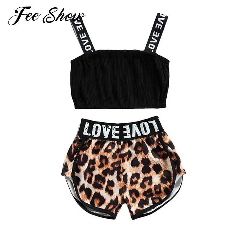 

Fashion Kids Girls Sport Outfit Tracksuit Cotton Leopard Letters Print Stretchy Cami Tops Vest with Shorts Set Casual Sportswear