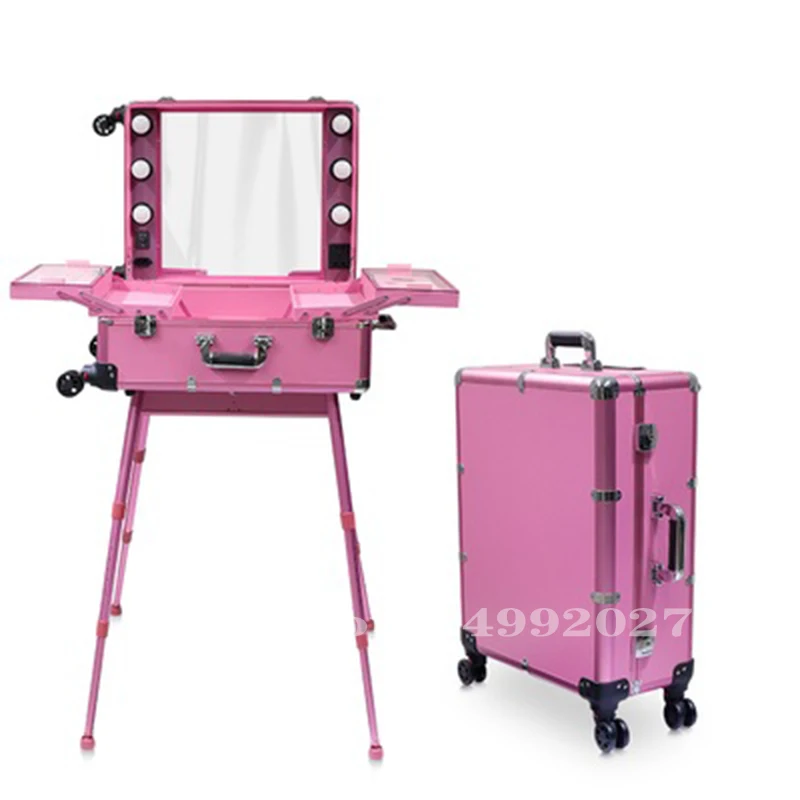 Marco de aluminio profesional para maquillaje, estuche cosméticos maleta con de belleza, caja de espejo con luz LED, equipaje rosa|Equipaje con ruedas| - AliExpress