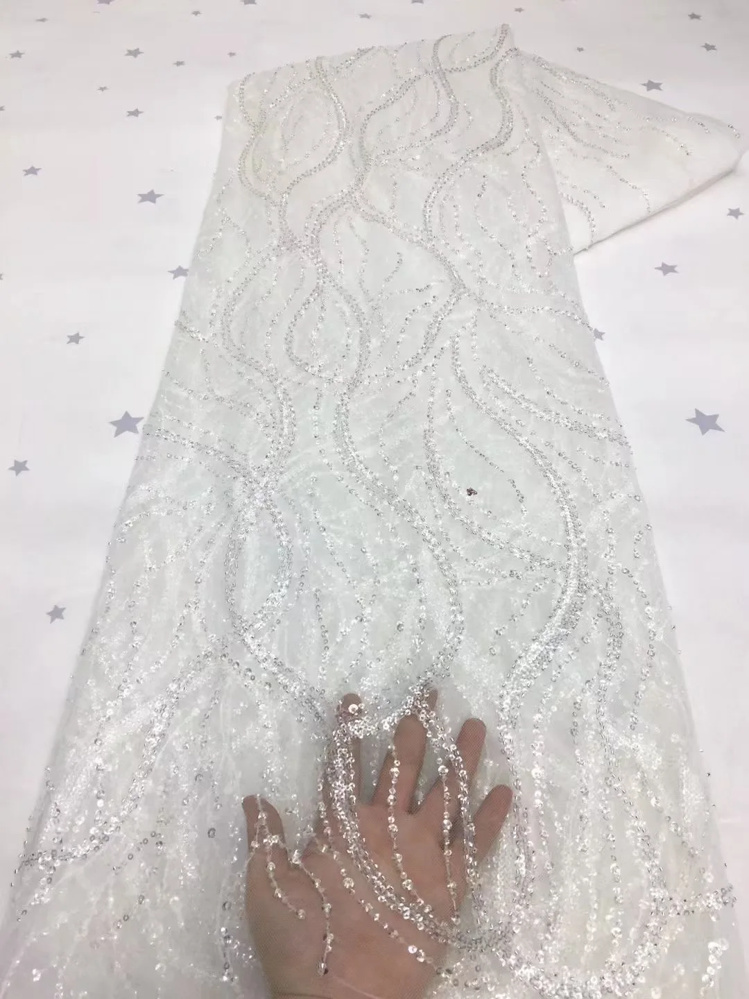 

White African Sequins Lace Fabric Handmade Beaded Lace Fabric Embroidery French Lace Fabrics For Wedding Evening Party Dress