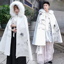 Hanfu Зимний плащ пальто женский древний стиль Китайская традиционная одежда Мужской плащ Ретро фея с капюшоном большой меховой воротник DN4899