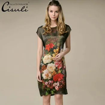 

100% Mulberry Silk Satin Dress Natural Pure Women Summer Dresses Digital Printing Flower Pattern Free Size