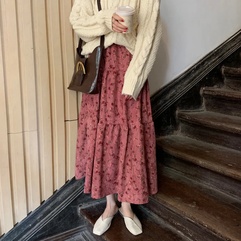KINOMI, зимние женские вельветовые длинные юбки с цветочным принтом, винтажные Лоскутные юбки с высокой талией в стиле Харадзюку, тюлевые трапециевидные юбки до середины икры, Saia