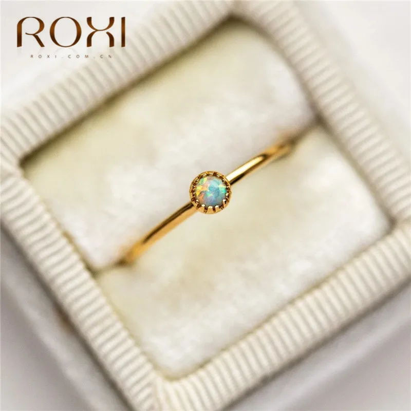 ROXI тонкий дизайн круглый Опаловый камень кольцо для женщин изысканное тонкое кольцо с камнем рождения Свадебные украшения Изящные Несколько колец