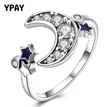 

YPAY Rings Real 925 Sterling Silver Crescent Moon & Star Dazzling CZ Open Finger Ring for Women Engagement Fine Jewelry YMR033