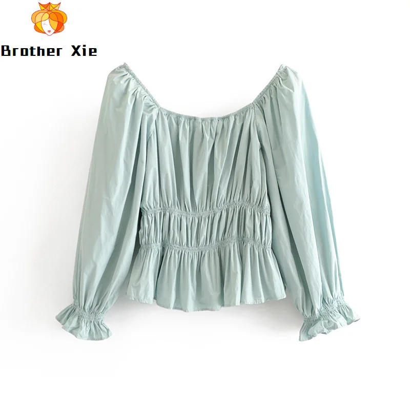 

Women Pleated Blouse Casual Petal Long Sleeve Fashion Tops Solid Retro Stretch Square Collar Vintage Shirt Blusas Femininas