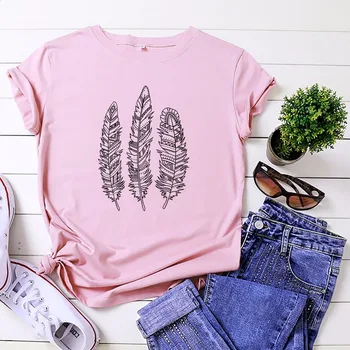 

JCGO Women Summer Feather T-shirt Female Loose Casual Short Sleeve Cotton t-shirts Plus Size Fashion Cool Lady Tee Shirts Tops