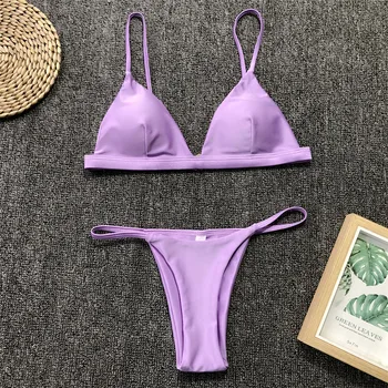 

KUKAKEY Women Bandage Swimwear Bikini Set Purple Solid Halter Beach Swimsuit Push-up Bathing Suit Beachwear Swimming Suit