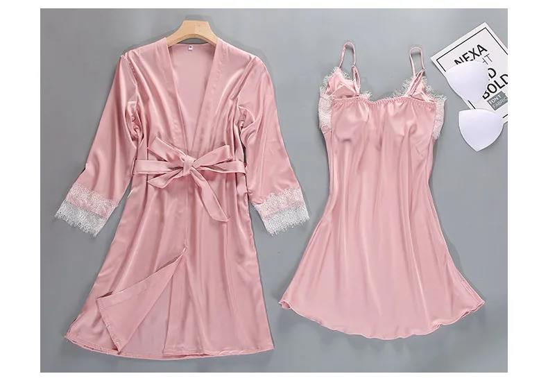Queenral 2PCS Sexy Women's Robe Gown Sets Night Woman Nightgown Summer Nightdress Lace Satin Sleepwear Pajamas With Chest Pad   8 (2)