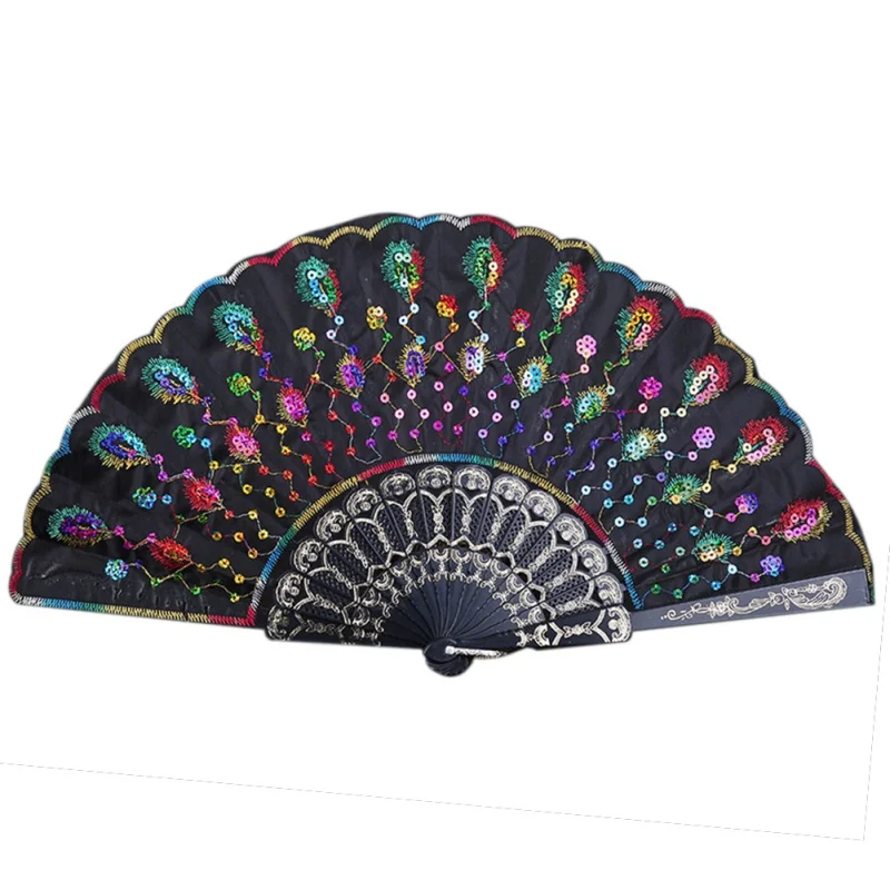 

Chinese Style Folding Fan Sequin Embroidery Peacock Feather Pattern Multicolor Fan Decorative Fans for Dancing Home Decor