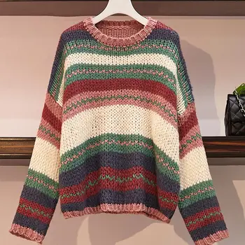

Autumn Winter Knitted Patchwork Women's Sweater Plus Size Rainbow Korean Thick Jumper Fashion Casual Oversized Pullovers Female