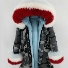 Новинка, зимняя женская большая куртка с воротником из лисьего меха, с капюшоном, настоящая подкладка из кроличьего меха Рекс, пальто, Камуфляжная парка, верхняя одежда