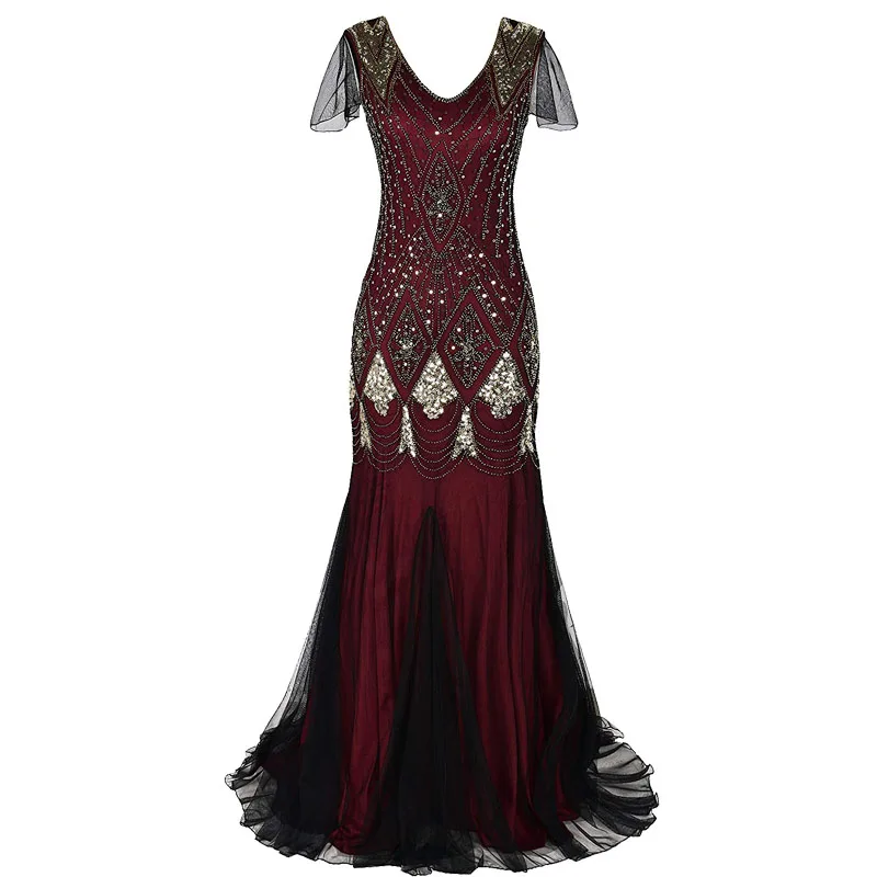 Red Gold Женское платье 1920s Great Gatsby, длинное платье 20 s, винтажное платье с v-образным вырезом и коротким рукавом, вечерние платья макси для выпускного вечера, коктейльное платье - Цвет: Red Gold