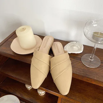 

Flat Shoes Female Ladies' Slippers Square Toe Beige Heeled Sandals Slipers Women Luxury Slides Black 2020 Designer Solid Spring