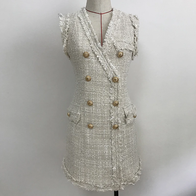 as photo Новинка, Осень-зима, высокое качество, двубортные пуговицы, Золотая проволока, твид, усов, край, для офиса, для девушек, для женщин, жилет, платье, одежда - Цвет: as photo
