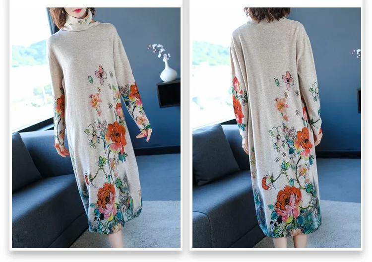 Fall Winter Vintage Women Turtleneck Long Sleeve Loose Floral Printed Cashmere Sweater Dress Woman Knitted Sweaters Dresses